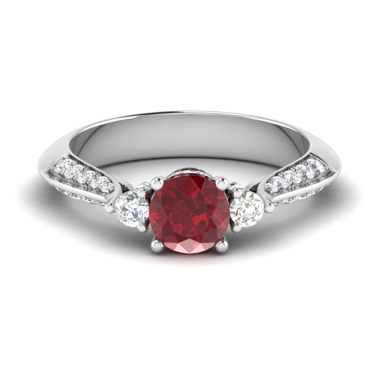 Round Cut Ruby Rings Ruby & Diamond Ring in 14k White Gold - Etsy