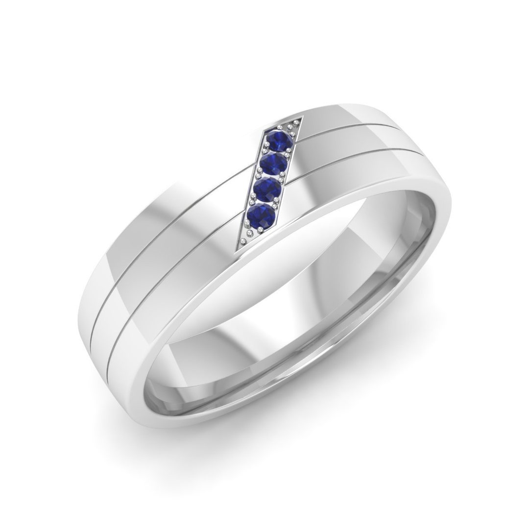 Natural Round Blue Sapphire Mens Wedding Ring in 14K White - Etsy