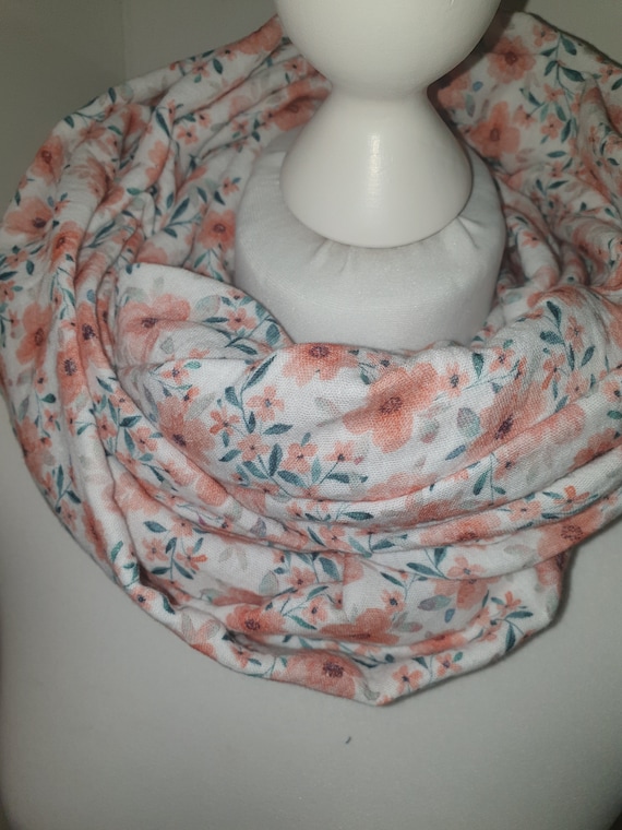 Muslin Loop Loop Scarf Scarf Tube Scarf Reversible Scarf Summer Scarf Grey  White Pink Flowers