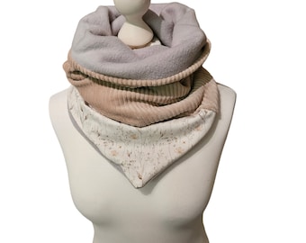 Slip-on scarf for adults scarf jersey knit fleece beige gray flowers