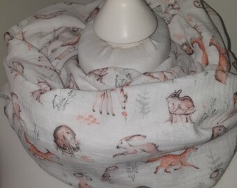 Muslin loop loop scarf scarf tube scarf reversible scarf summer scarf gray white orange fox forest animals