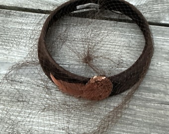 Vintage Union Made USA Brown Velvet Fascinator Veil Feather Hat Headpiece