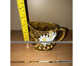 Vintage Ceramic Fruit Daisy Creamer Pitcher Olive Green Textured Pottery 3.5"