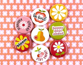 RETRO HAPPINESS BUTTONS set of 8 | flair pin magnets teacher gift stocking stuffer retro good vibes be kind kindness happy flower fruit