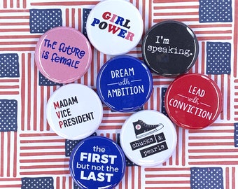 MADAM VICE PRESIDENT buttons set of 8 | flair pin badge magnets kamala harris female girl power chucks pearls gift stocking stuffer