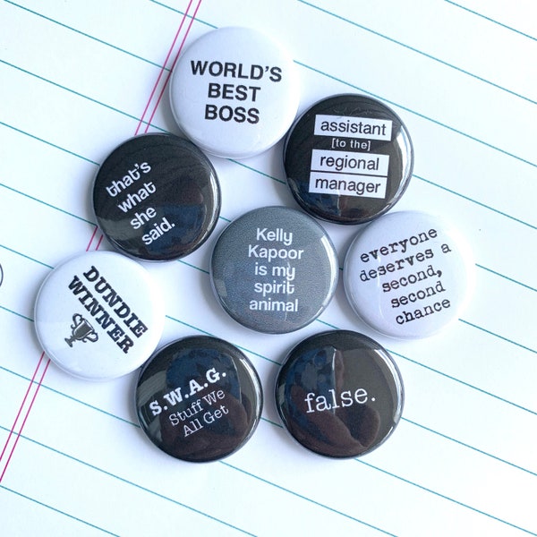 LA OFICINA TV botones conjunto de 8 / televisión programa de televisión Michael scott pins insignias imanes stocking stuffers partido favores de fiesta