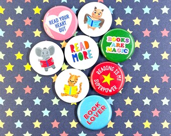 KIDS READING BUTTONS set of 8 | flair pin magnets library bookstore book books librarian gift reader bookstagram classroom teacher