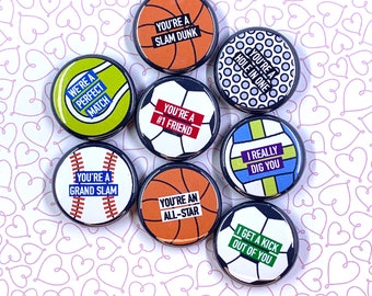 KIDS SPORTS VALENTINE flair buttons set of 8 | pin badge classroom school exchange valentine's day magnets