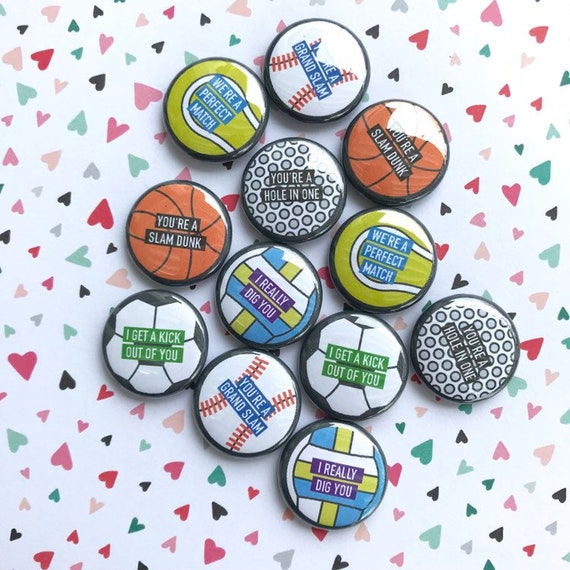 Kids Sports Valentine Flair Buttons Set Of 12 Pin Badge Etsy