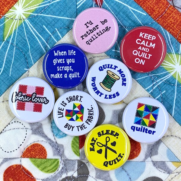 QUILTING BUTTONS set of 8 | flair pin badge magnets crafty diy fabric lover sewing quilter stocking stuffers party favors mother's day gift