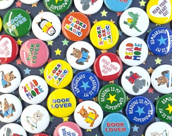 KIDS READING BUTTON mix | bulk quantity pin badge flair 1 inch prizes classroom school event library librarian bookstore teachers books