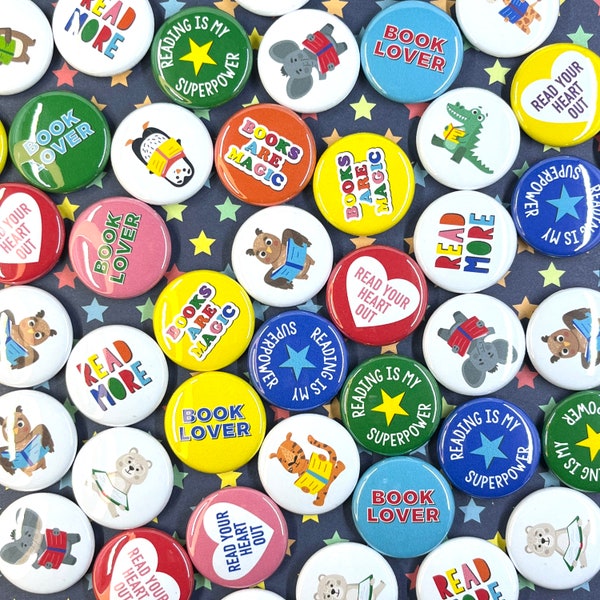 KIDS READING BUTTON mix | bulk quantity pin badge flair 1 inch prizes classroom school event library librarian bookstore teachers books