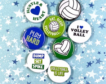 VOLLEYBALL FLAIR BUTTONS set of 8 | pin badge magnet party favors coach gift team kid tween teen player fun sports reward incentive banquet