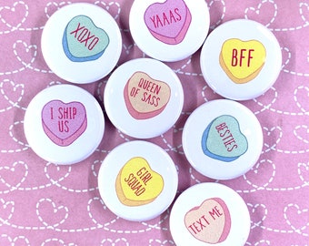 BESTIE CONVERSATION HEARTS buttons set of 8 | pin badge magnet valentine galentine valentine's day classroom exchange party favors