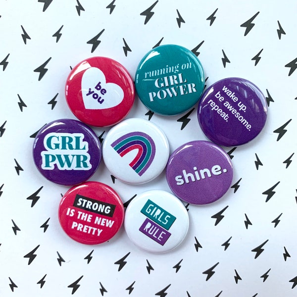 GIRL POWER BUTTONS set of 8 | pins badges magnets girls on the run scouts sports kids tweens teens stocking stuffers party favors