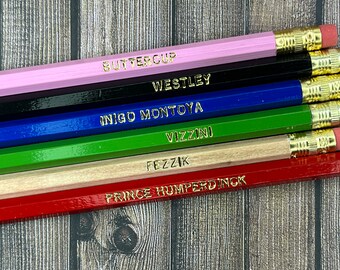 PRINCESS BRIDE PENCILS ensemble de 6 | Citations Cadeau Papeterie Bureau Professeur Film 80s Buttercup Westley comme vous le souhaitez Inigo Montoya