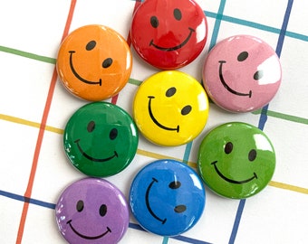 RAINBOW SMILEY FACE buttons set of 8 | flair pin magnets teacher gift prize incentive party favor good vibes be happy smile classic pride