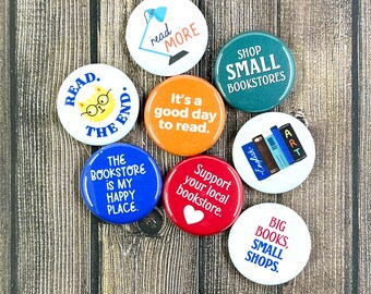 BOOKSTORE BUTTONS set of 8 | flair pin magnets book books gift reader bookstagram independent small shop