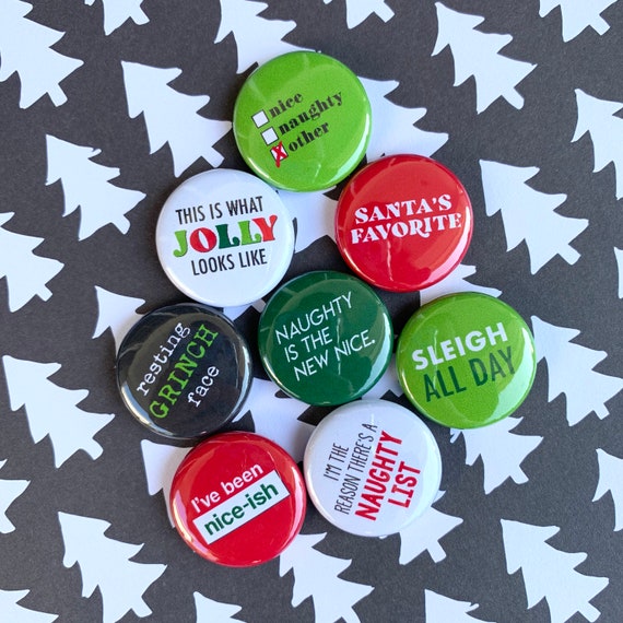 SNARKY CHRISTMAS BUTTONS Set of 8 Flair Holiday Pin Badge Magnet  Scrapbooking Stocking Stuffer White Elephant Sassy Teacher Gift 