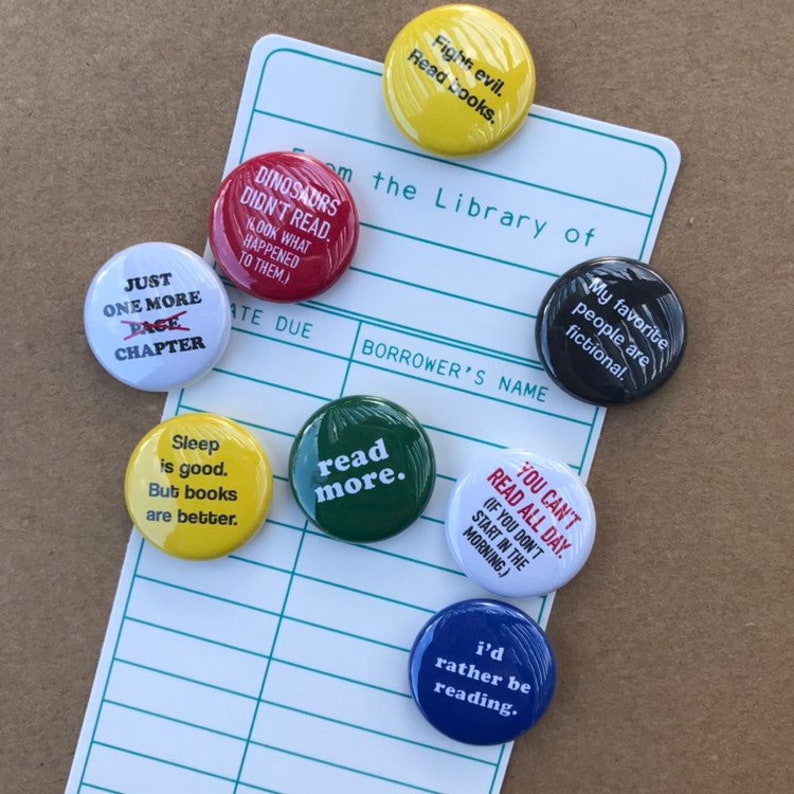 READING FLAIR BUTTONS set of 8 pin magnets little free library books kids virtual online school teacher librarian gift stocking stuffers image 1