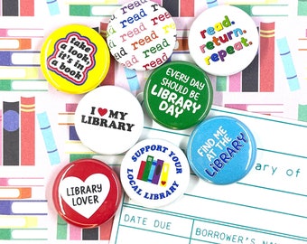 LIBRARY LOVER BUTTONS set of 8 | flair pin magnets little free library book books read kids school teacher librarian gift reward incentive