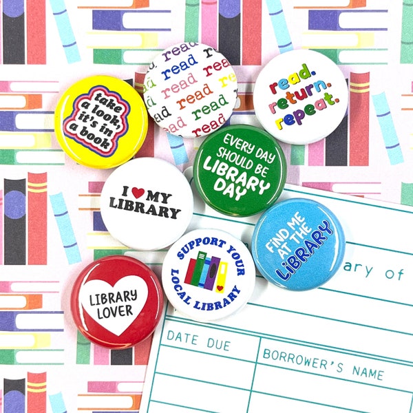 LIBRARY LOVER BUTTONS set of 8 | flair pin magnets little free library book books read kids school teacher librarian gift reward incentive