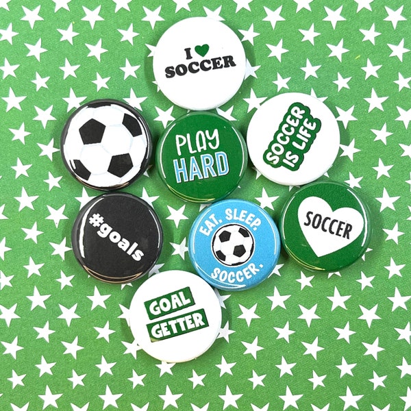 SOCCER FLAIR BUTTONS set of 8 | pin badge magnet party favors coach gift team kid tween teen player fun sports reward incentive banquet