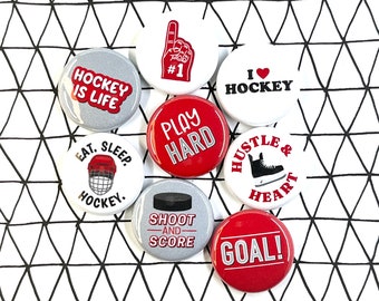 HOCKEY FLAIR BUTTONS set of 8 | pin badge magnet party favors coach gift team kid tween teen player fun sports reward incentive banquet