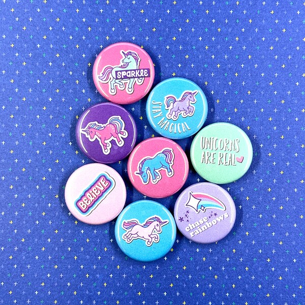 UNICORN flair buttons set of 8 | pin badge magnets kids stocking stuffer rainbow party favors