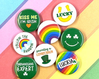 ST. PATRICK'S DAY buttons set of 8 | flair pin badge magnet kids st. paddy's leprechaun irish kiss me shamrock shenanigans teacher gift