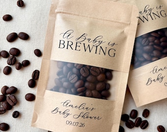 A Baby is Brewing, Personalized Baby Shower Coffee Pouches, tea favors, Cafe Bebe favors, coffee bean favors, custom coffee bag,