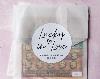 Wedding Favor Bags: Lucky In Love Lottery Ticket Stickers