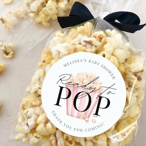 Ready to POP, Personalized Baby Shower Stickers, Popcorn Favors, 2.5 inch Round Favor Labels, Baby Girl Baby Shower