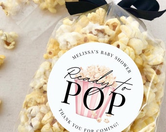 Ready to POP, Personalized Baby Shower Stickers, Popcorn Favors, 2.5 inch Round Favor Labels, Baby Girl Baby Shower