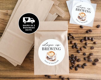 Fall Wedding Decor, Love Is Brewing Wedding Coffee Favors, Autumn Wedding, Coffee Favor Bags, Coffee Beans Favors, Coffee Favor Stickers