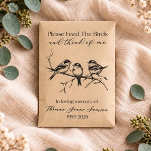 Personalized Memorial Bird Seed Packets, Funeral Favors, Celebration of Life Favor, In Memory of Bird Lover, Feed the Birds Memorial