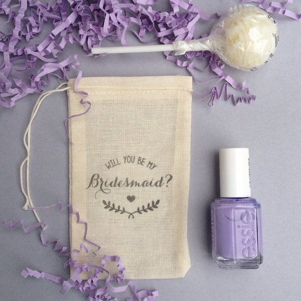 Bridesmaid Proposal - Stamped "Will You be my Bridesmaid" Muslin Bags - set of 6