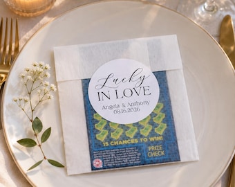Lucky in Love Stickers for Lottery ticket Wedding Favors. Personalized Labels