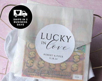 Lucky in Love Wedding Favor Stickers: Personalized Lottery Ticket Labels