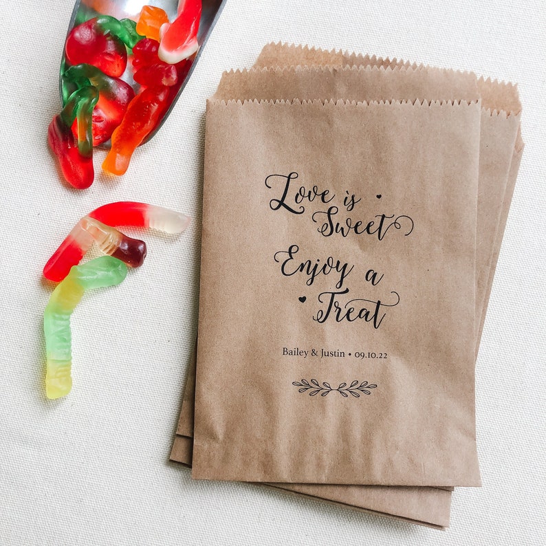Personalized Candy Bags Love is Sweet, enjoy a treat Kraft Wedding Candy Bags Candy Bags for Candy Buffet image 3