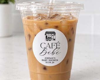 Cafe Bebe Baby Shower Stickers, Personalized Coffee Cup Labels, 2 Inch Glossy Stickers, Coffee Theme Baby Shower Favor, Custom Favor Sticker
