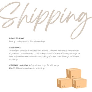 May include: Illustration of brown cardboard boxes stacked on top of each other. Text on the image reads: "Shipping", "Processing: Ready to ship within 2 business days.", "Shipping: The Paper Shoppe is located in Ontario, Canada and ships via Stallion Express to Canada Post, USPS or Royal Mail. Orders of 50 paper bags or less, ship as Lettermail with no tracking. Orders over 50 bags, will have tracking.", "Canada and USA: 4-8 business days for shipping", "UK: 10-21 business days for shipping."