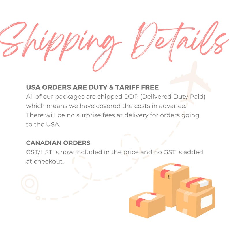 Puede incluir: Un gr&aacute;fico informativo titulado Shipping Details en letra cursiva rosa. Incluye texto sobre pedidos a EE. UU. libres de impuestos y la inclusi&oacute;n de GST/HST canadiense, un icono de avi&oacute;n, un pin de ubicaci&oacute;n y tres cajas de cart&oacute;n.