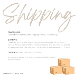 May include: Illustration of brown cardboard boxes stacked on top of each other. Text reads "Shipping" and includes information about processing and shipping times. Text also reads "Filled Seed Packets".