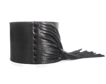 Leather bracelet fringe cuff black