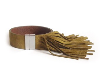 Leather bracelet suede fringe olive, caramel or chocolate brown