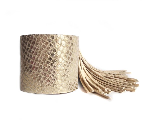 Leather bracelet silver crackle, gold or beige snakeskin cuff FRINGE