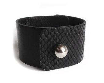 Leather bracelet black snakeskin or ostrich or fuchsia croc silver gold ball