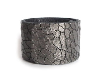 Leather bracelet cuff gray croc graphite metallic tecton crackle leopard stingray