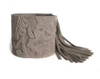 Leather bracelet greige ornamental suede or black or gray cuff FRINGE